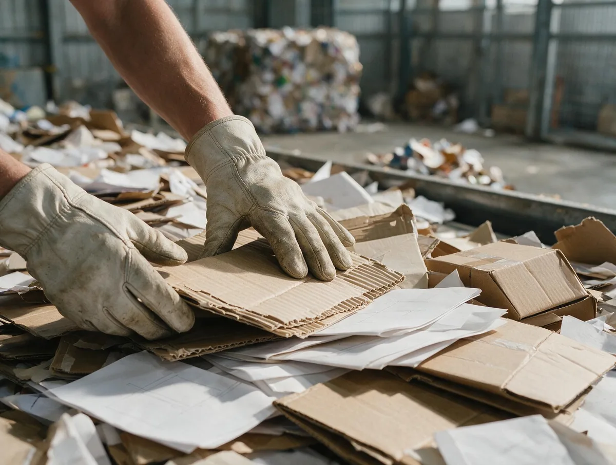 Detalhe de mãos com luvas de trabalho classificando papelão e papel em esteira de triagem
