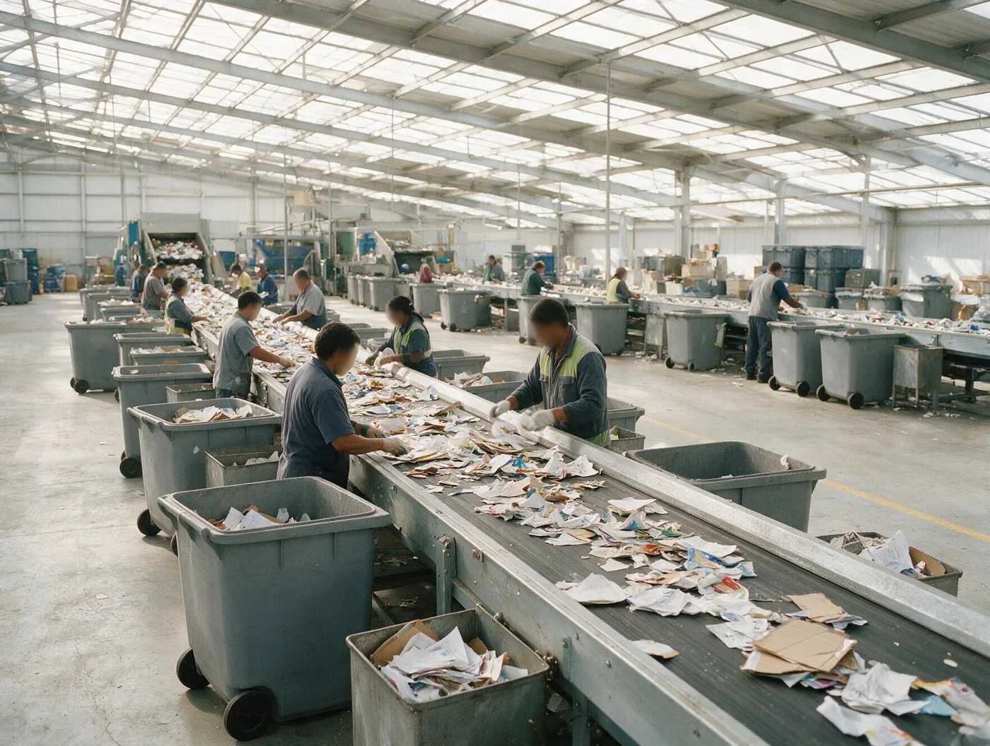 Esteira de triagem industrial com trabalhadores classificando papel, plástico e embalagens