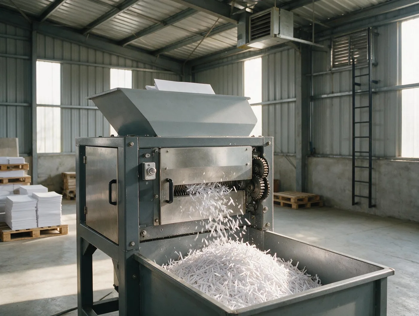 Triturador industrial processando papel em fragmentos dentro de galpão