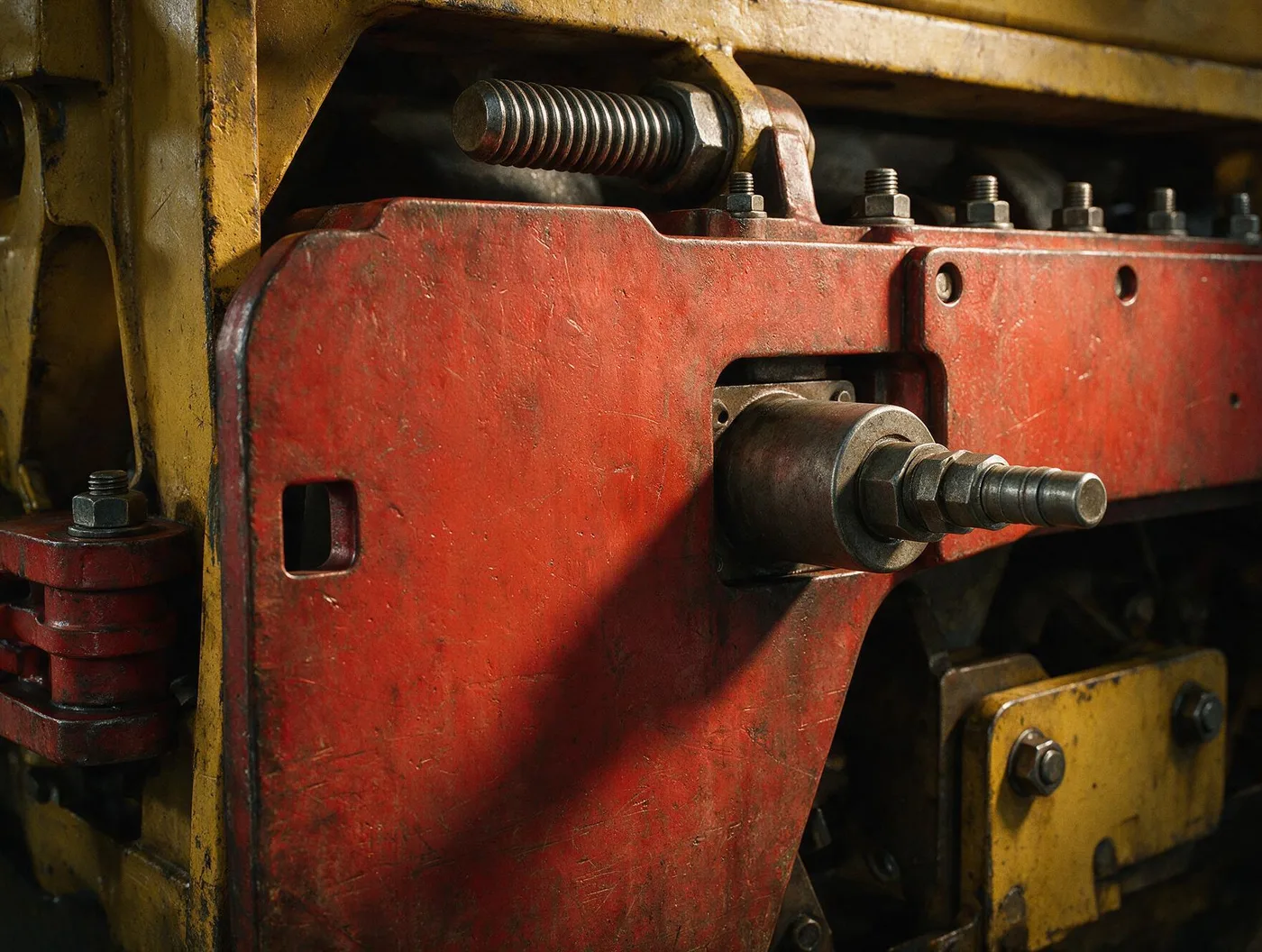 Close técnico de estrutura mecânica e painel metálico de equipamento industrial