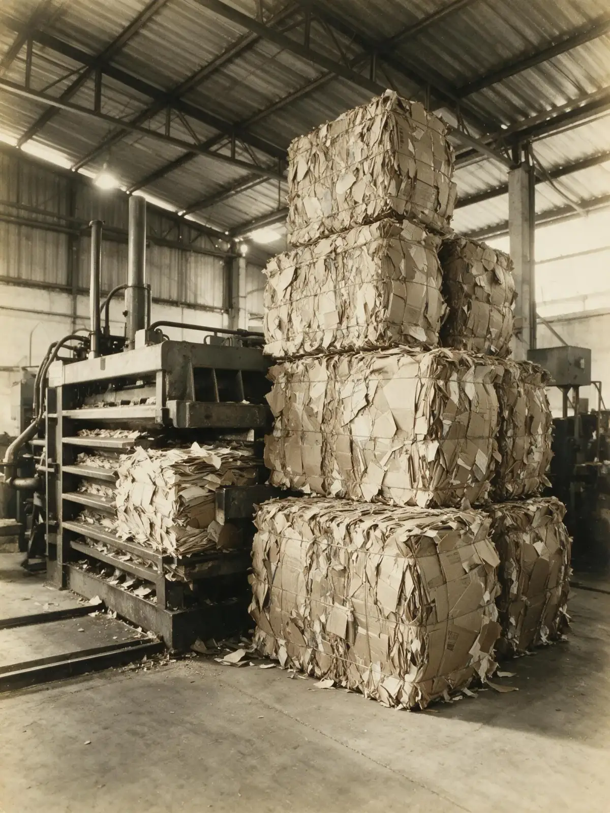 Reconstituição de prensa horizontal industrial e fardos de papelão compactado, anos 1990
