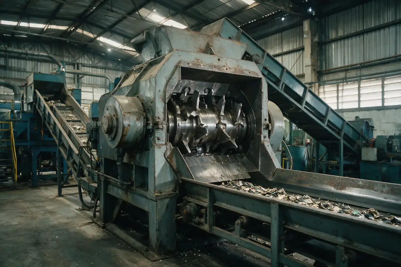 Reconstituição de triturador industrial e esteiras de processamento de recicláveis
